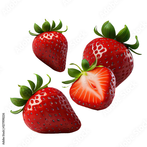 Fresh Red Strawberries with Green Leaves on Transparent Background