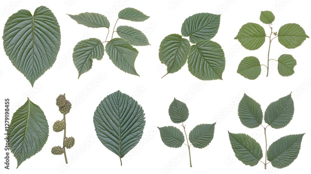 Fototapeta premium Assorted Green Viburnum Leaves in Varying Arrangement on White Background Displaying Natural Textures