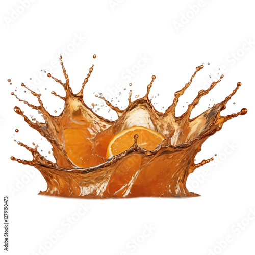 Fresh Orange Juice Splashing with Vibrant Colors Against a Transparent Background