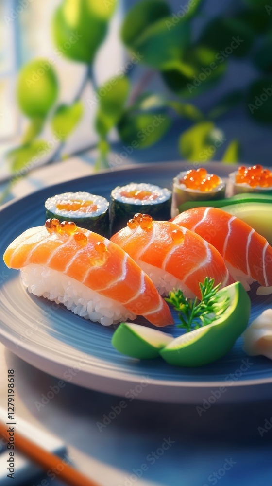 Elegant sushi platter with fresh salmon and vibrant garnishes on blue plate Elegant sushi platter with fresh salmon and vibrant garnishes on blue plate