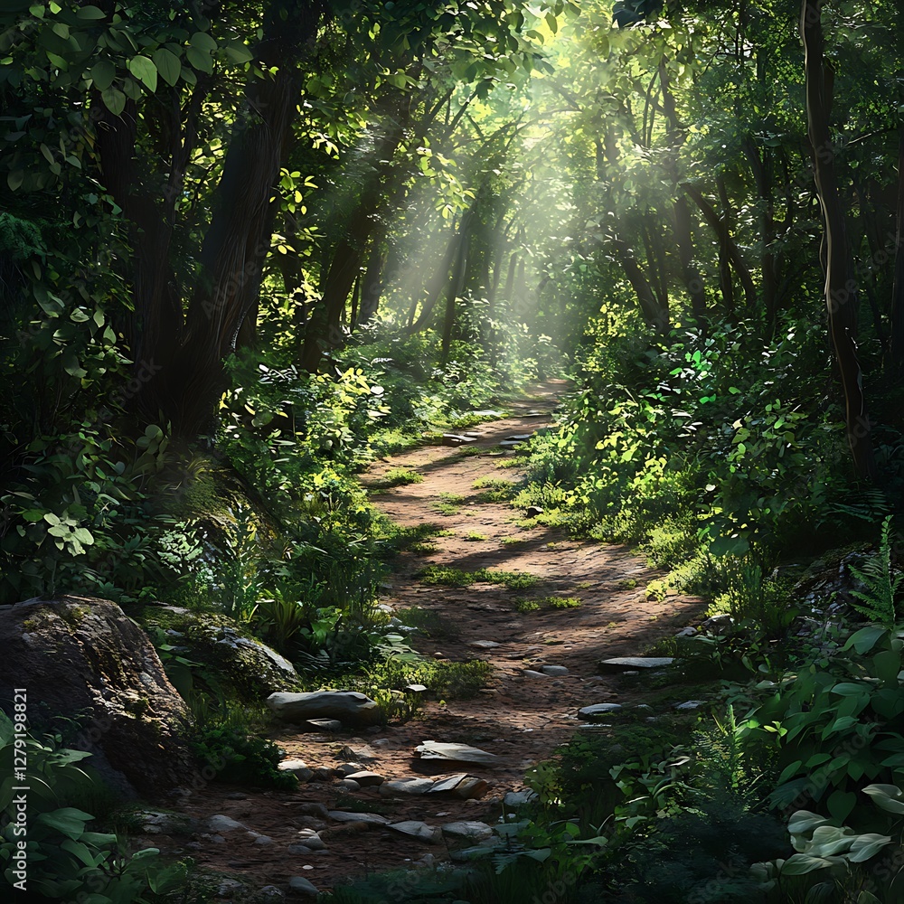 Obraz premium Forest Pathway Lush Greenery Dappled Sunlight Vibrant Foliage Scene