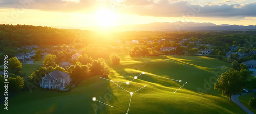 Aerial view of suburban houses on a golf course at sunset, showcasing connected homes and smart technology; ideal for real estate, technology, or community marketing