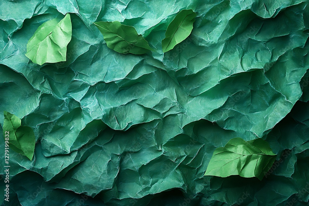 Crumpled teal paper texture with green leaves. Crumpled teal paper texture with green leaves.
