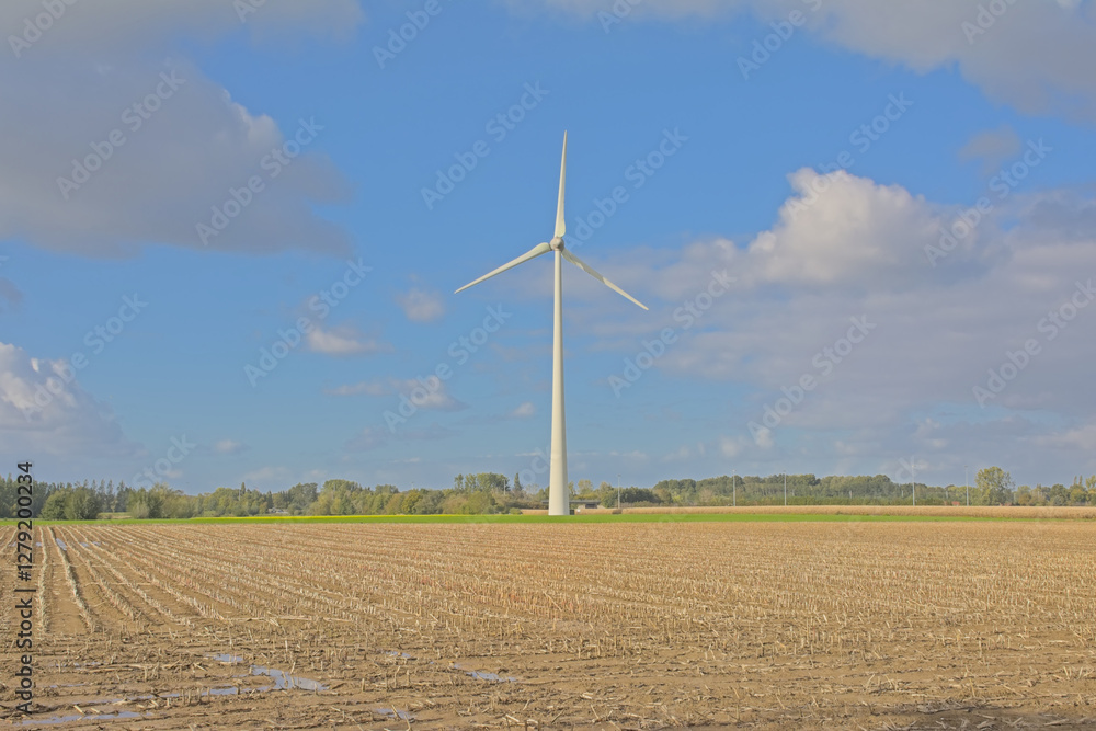 farmland in autumn after harvest with wind turbine under a blue sky with grey clouds farmland in autumn after harvest with wind turbine under a blue sky with grey clouds
