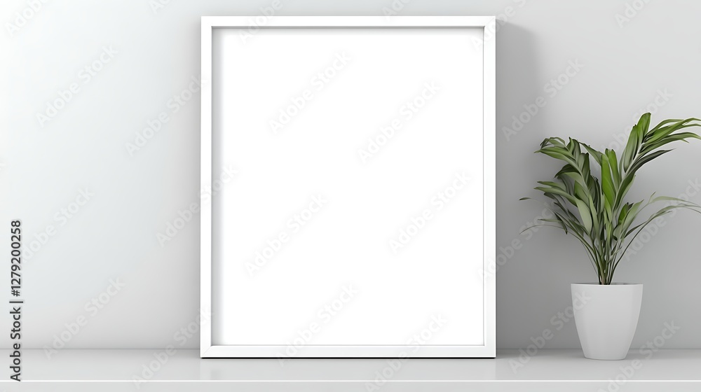 Blank white frame on minimalist shelf in an empty space, ideal for showcasing art or decorative elements. Blank white frame on minimalist shelf in an empty space, ideal for showcasing art or decorative elements.