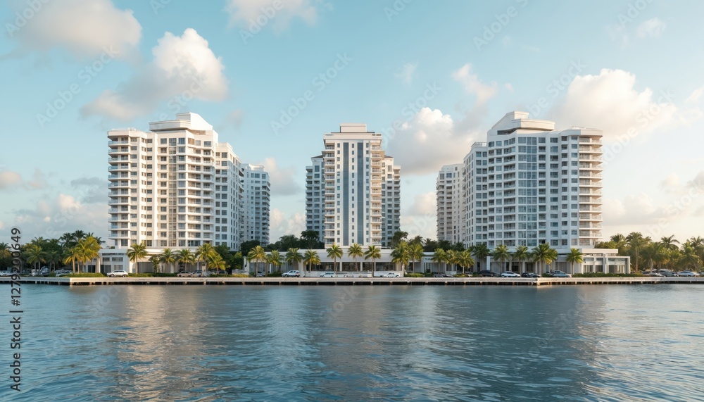 Modern high-rise apartment buildings on waterfront with clear sky. Residential coastal architecture with reflections on tranquil water, calm blue bay for real estate or travel themes. Modern high-rise apartment buildings on waterfront with clear sky. Residential coastal architecture with reflections on tranquil water, calm blue bay for real estate or travel themes.