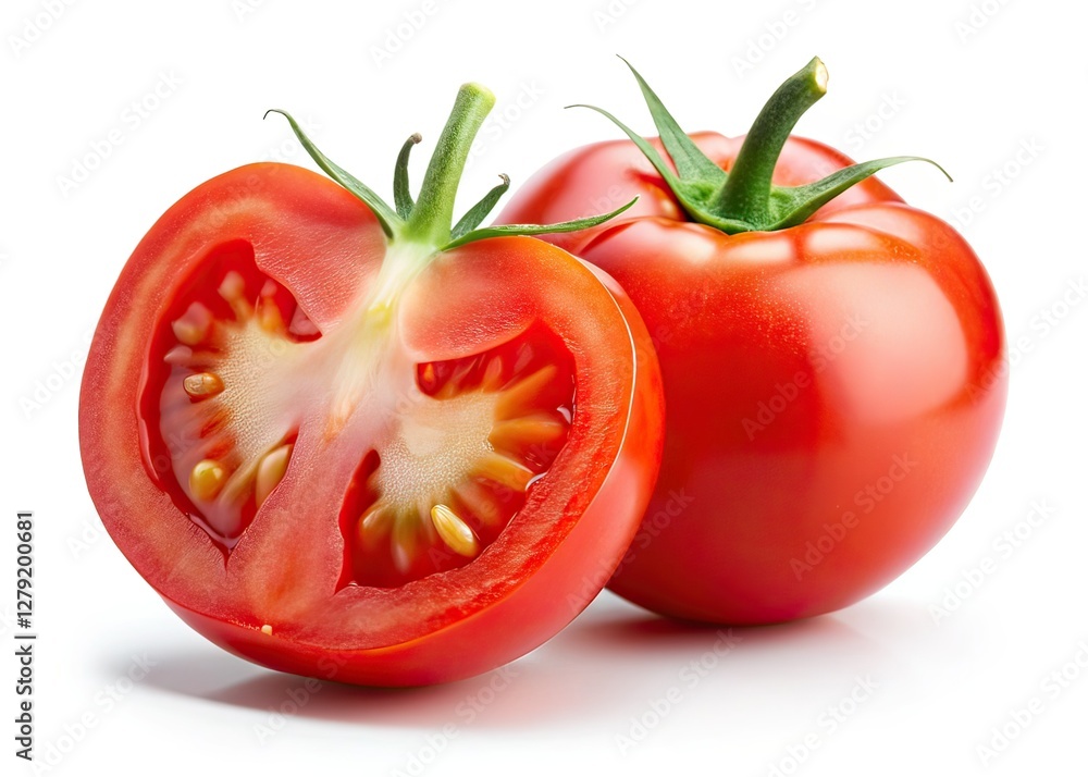 High-Quality Fresh Tomato Half, Isolated White Background, Clipping Path, Depth of Field High-Quality Fresh Tomato Half, Isolated White Background, Clipping Path, Depth of Field