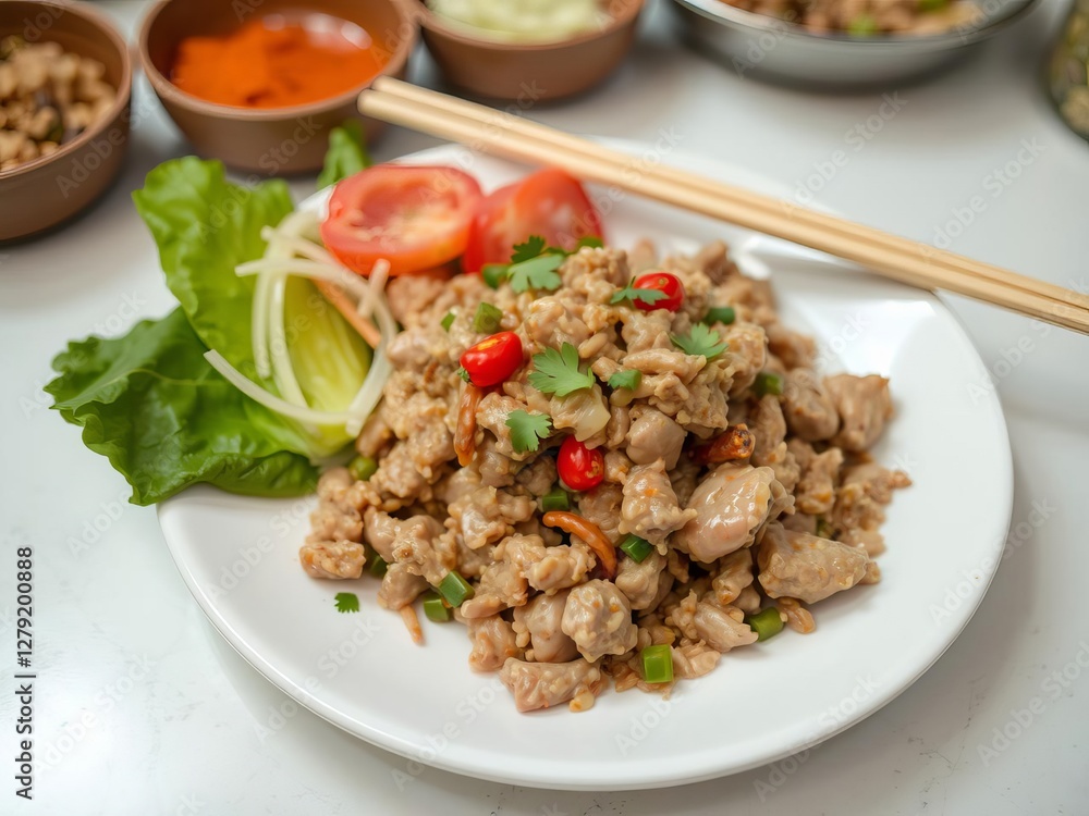 Spicy pork larb with fresh herbs and chili on a white plate, mince pork, Thai, cooking Spicy pork larb with fresh herbs and chili on a white plate, mince pork, Thai, cooking