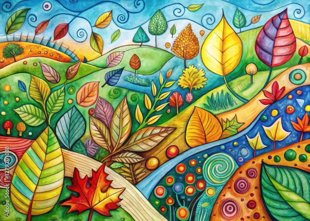 Aerial Nature Doodle Leaves: Artistic Bird's-Eye View of Hand-Drawn Foliage Aerial Nature Doodle Leaves: Artistic Bird's-Eye View of Hand-Drawn Foliage