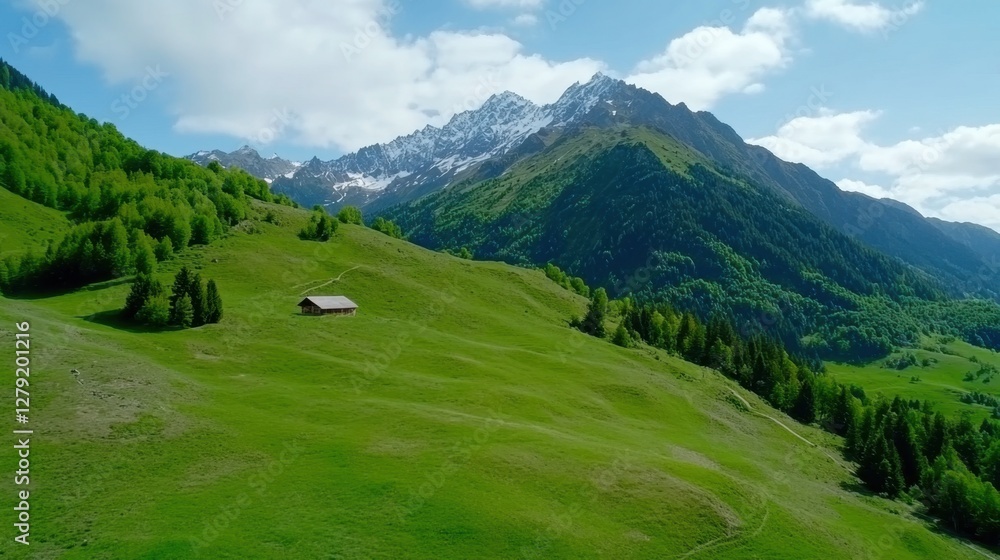 Fototapeta premium A picturesque valley with a small home, surrounded by lush greenery and snow capped mountains under a bright sunny sky