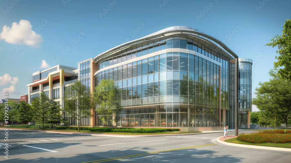 Modern office building with large glass windows and landscaped surroundings Modern office building with large glass windows and landscaped surroundings