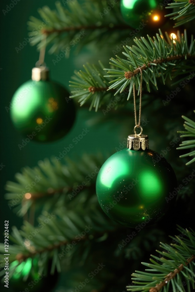 Fototapeta premium Green glass balls dangle on a branch of a Christmas tree amidst other ornaments, holiday decor, greenery garland