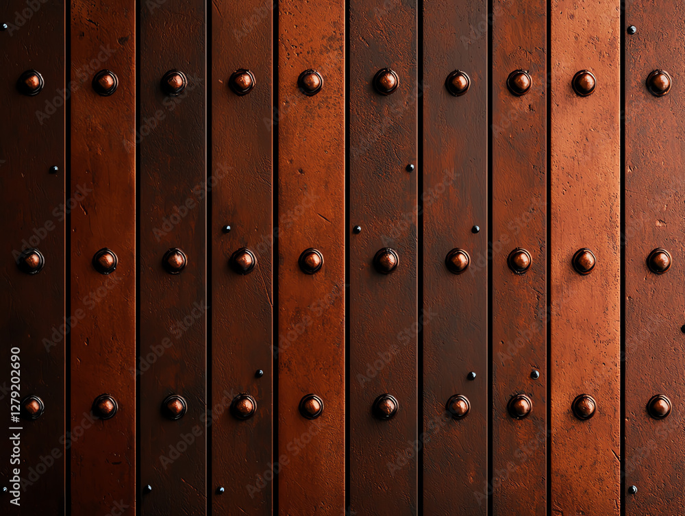 Fototapeta premium Antique copper door with geometric patterns and worn texture, showcasing rustic charm. rich brown tones and metallic accents create warm, inviting atmosphere