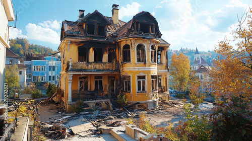 Burnt yellow house with extensive fire damage surrounded by autumn trees and urban scenery, property insurance claims for damage and risk assessment,