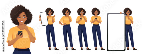 Business African American woman with afro hairstyle holding mobile phone, talking, texting, thinking and showing empty screen. Isolated vector illustration set