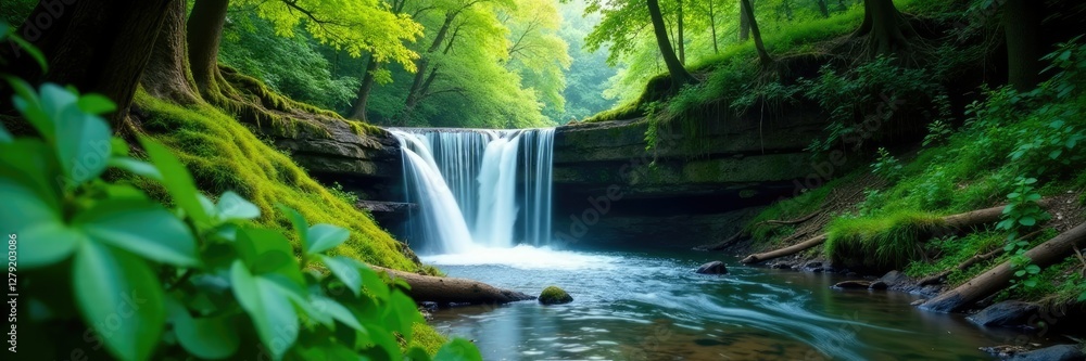 Obraz premium Hidden waterfall in a dense thicket of foliage, nature, leaves, waterfall