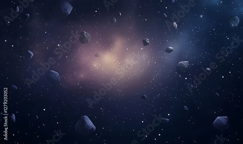 Fototapeta Naklejka Na Ścianę i Meble -  A vibrant cartoon depiction of an asteroid belt illuminated by glowing space dust in a deep cosmic setting.