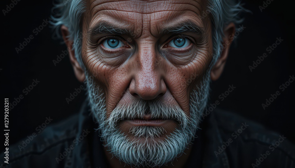 Intense portrait of an elderly man with striking blue eyes and grey beard Intense portrait of an elderly man with striking blue eyes and grey beard