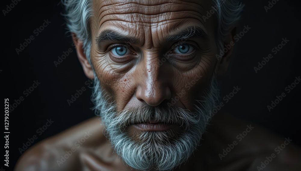 Intense Portrait of Elderly Man with Remarkable Blue Eyes and Beard Intense Portrait of Elderly Man with Remarkable Blue Eyes and Beard