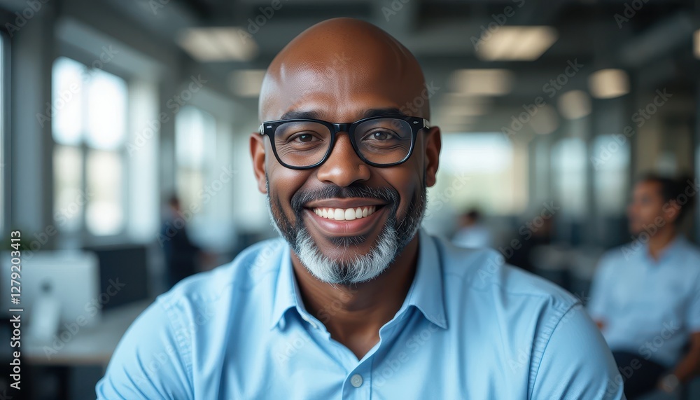 Confident Businessman Smiling at Camera in Modern Office Setting Confident Businessman Smiling at Camera in Modern Office Setting
