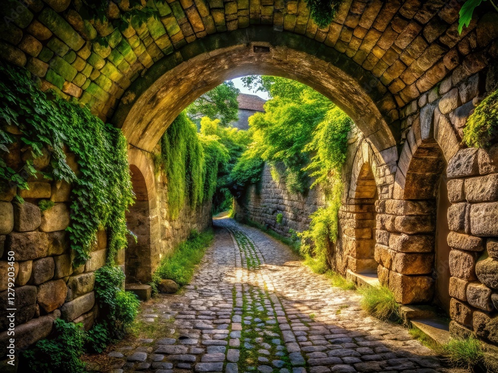 Obraz premium Ancient Stone Archway Tunnel, Cobblestone Pathway, Landscape Photography