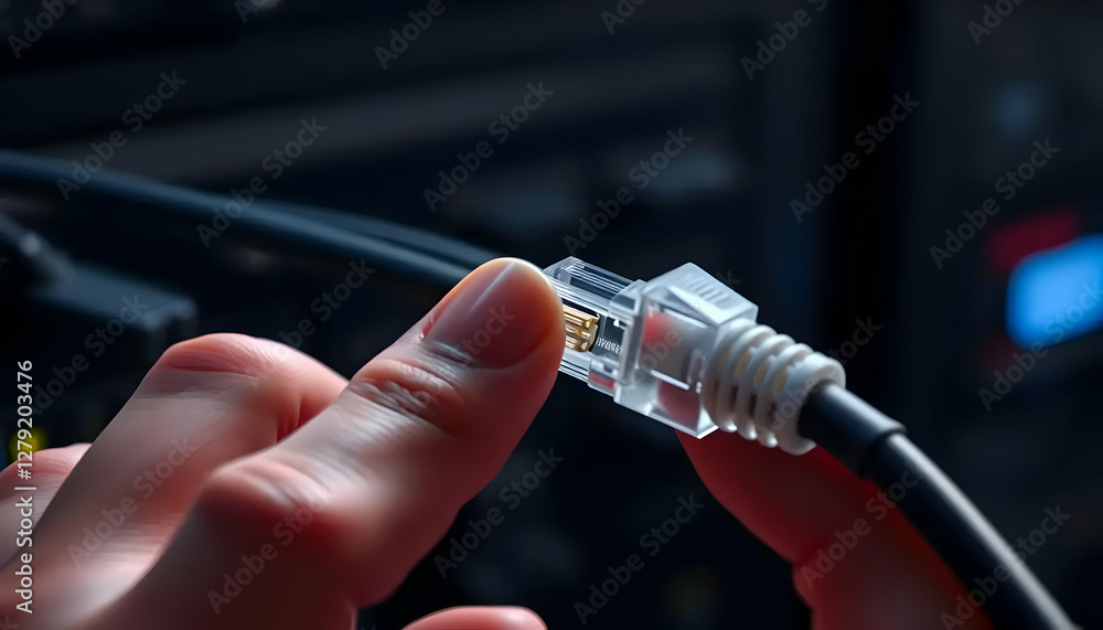 Hand connecting ethernet cable to network jack Hand connecting ethernet cable to network jack