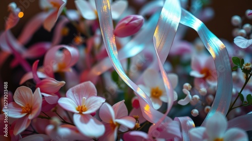 Delicate flowers and iridescent ribbon create a dreamy, soft, and romantic aesthetic for any occasion.