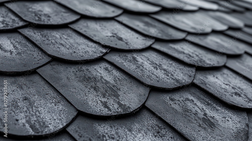 Fototapeta premium Close-up view of dark gray overlapping roof shingles