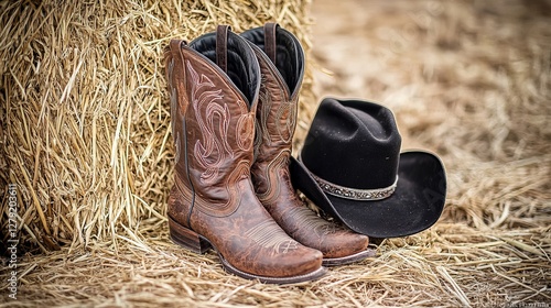 A classic American West rodeo scene featuring authentic leather roper boots and a traditional black felt cowboy hat resting on a bale of straw. 