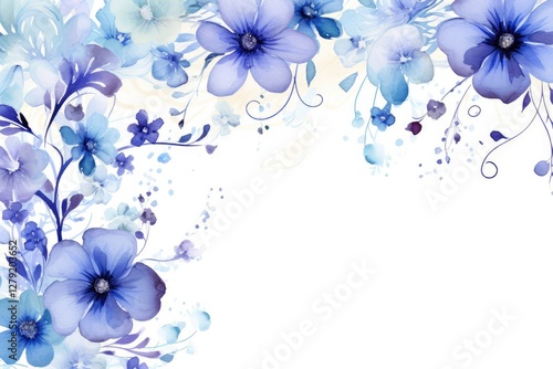 Fototapeta Naklejka Na Ścianę i Meble -  Blue watercolor flowers border with elegant swirls on white background with copy space. Floral corner frame design for wedding invitations and spring greeting cards