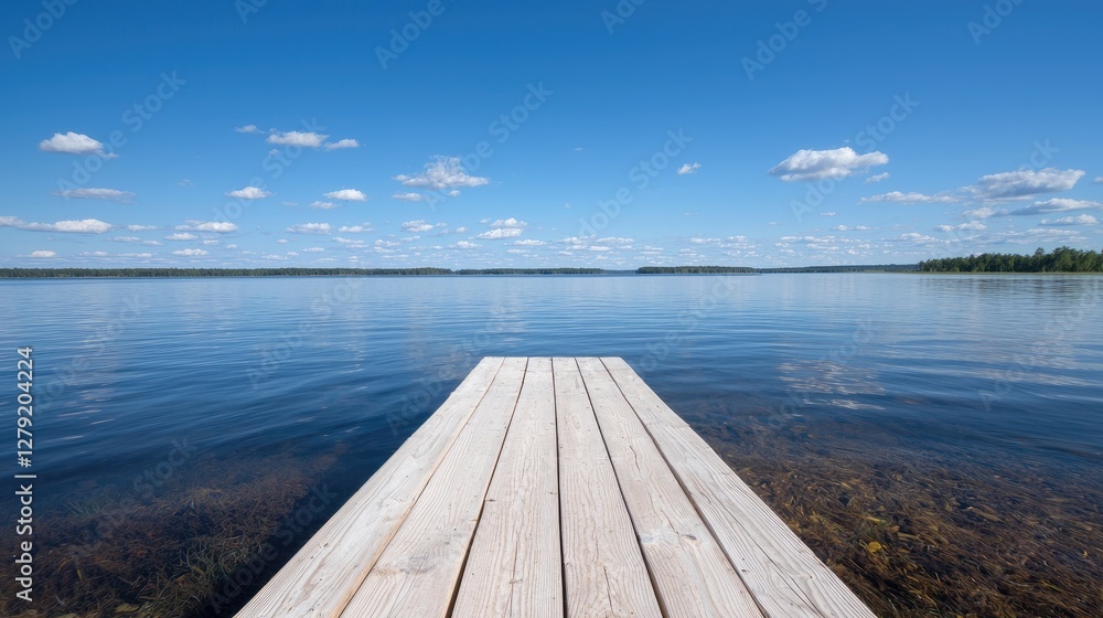 Fototapeta premium Lakeside Dock on Calm Water; Peaceful Summer Day