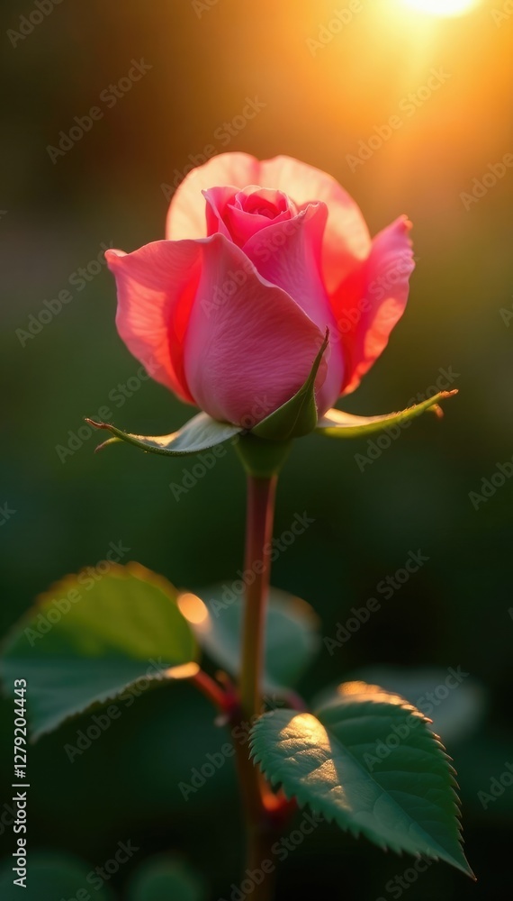 Pink rose bud unfolding in the sunlight's warm rays, plant, warm Pink rose bud unfolding in the sunlight's warm rays, plant, warm