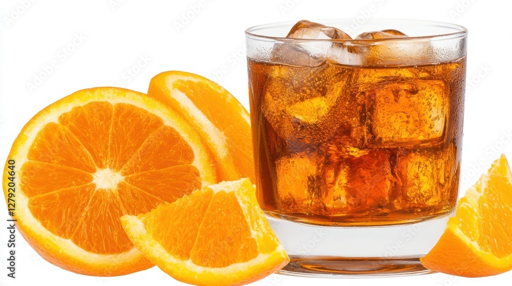 Refreshing amber drink in a rocks glass with ice cubes, accompanied by juicy orange slices on a white background. Ideal for summer refreshment Refreshing amber drink in a rocks glass with ice cubes, accompanied by juicy orange slices on a white background. Ideal for summer refreshment