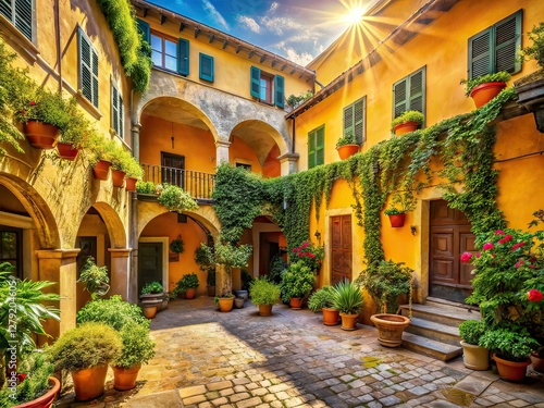 Italian Hunting Lodge Courtyard - Candid Photography AI Photo