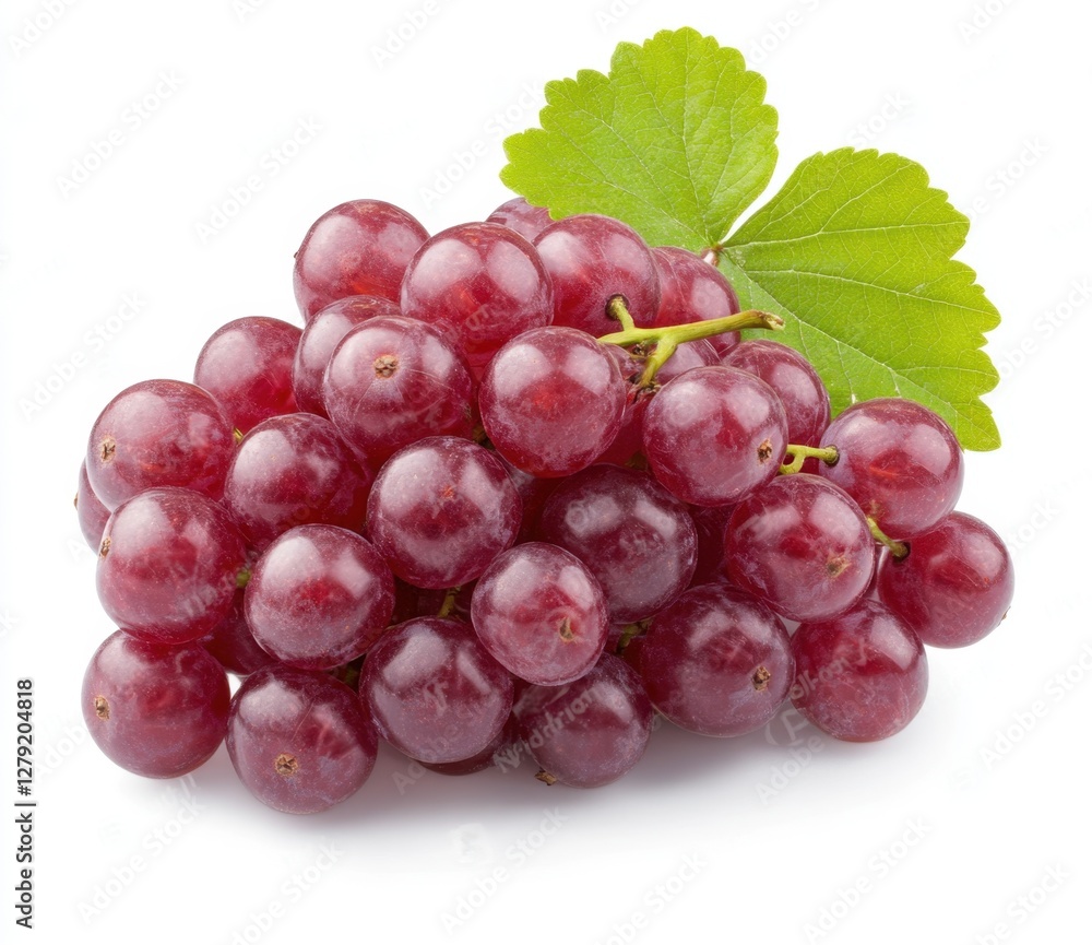 Fototapeta premium Close up of a cluster of ripe, red grapes with a green leaf on a plain background. The grapes are plump and juicy, and the image is well lit