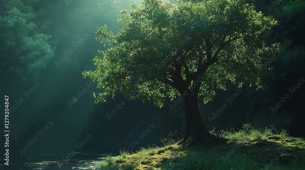 Fototapeta premium Solitary tree by river at sunrise, misty forest background.