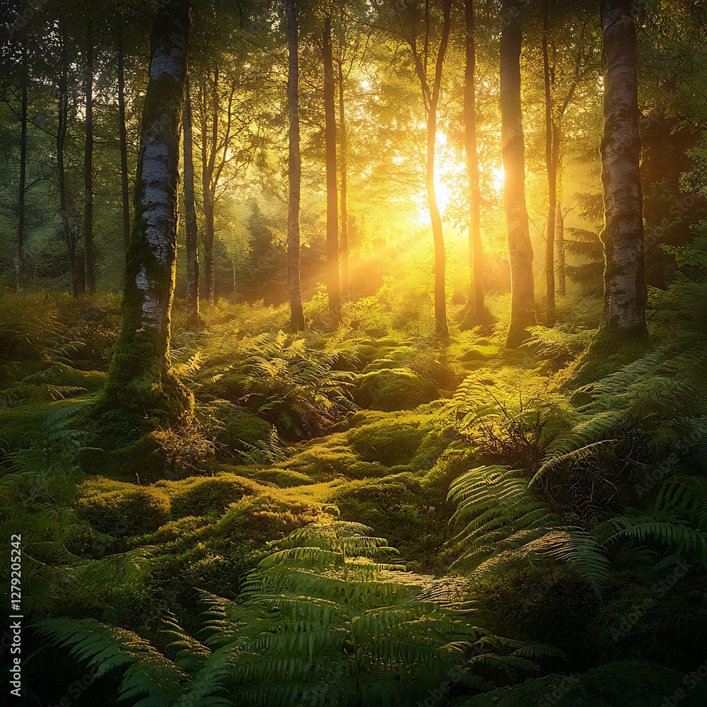 Obraz premium Sunrise Forest Scene Golden Light Vibrant Ferns Moss Ground