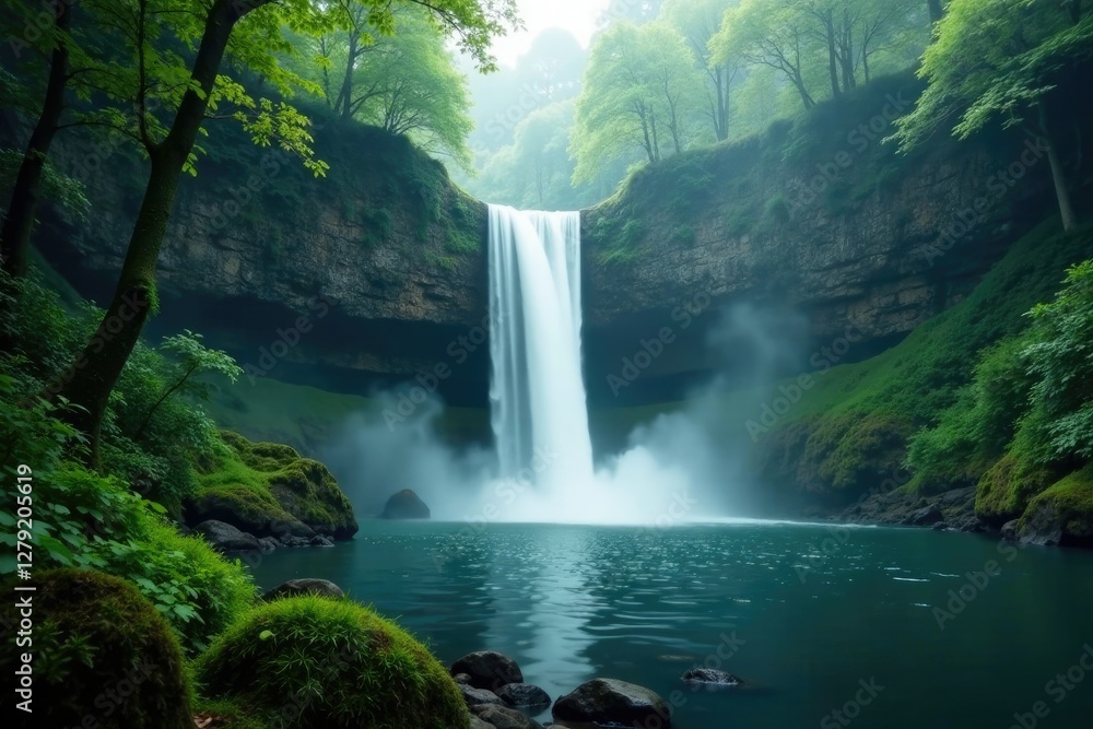 Fototapeta premium serene and peaceful waterfall in misty atmosphere, evergreen forest, peaceful ambiance