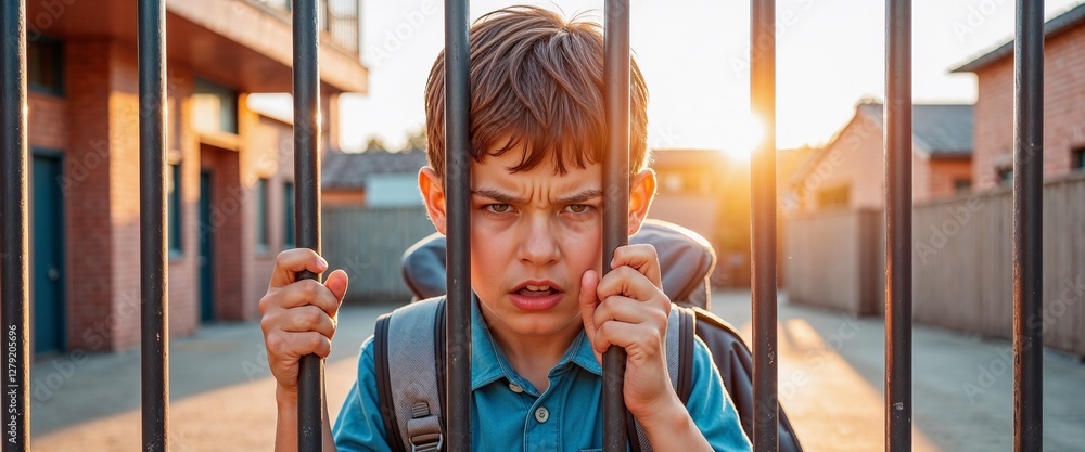 Obraz premium Angry Boy Behind Fence at Sunset: Powerful Image for Blogs on Childhood Frustration, Bullying Prevention, and Mental Health Awareness in Youth
