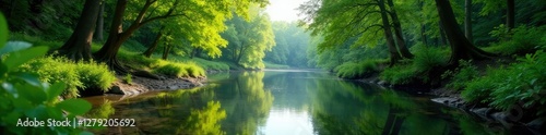 Serene landscape of a quiet river flowing through the woods, natural, woodlands