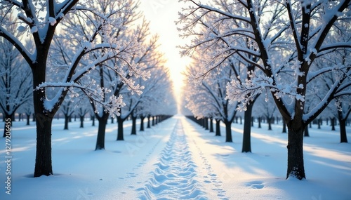 Snowflakes gently falling on the branches of bare deciduous trees -Snowy Pecan Orchard III, frozen, winter