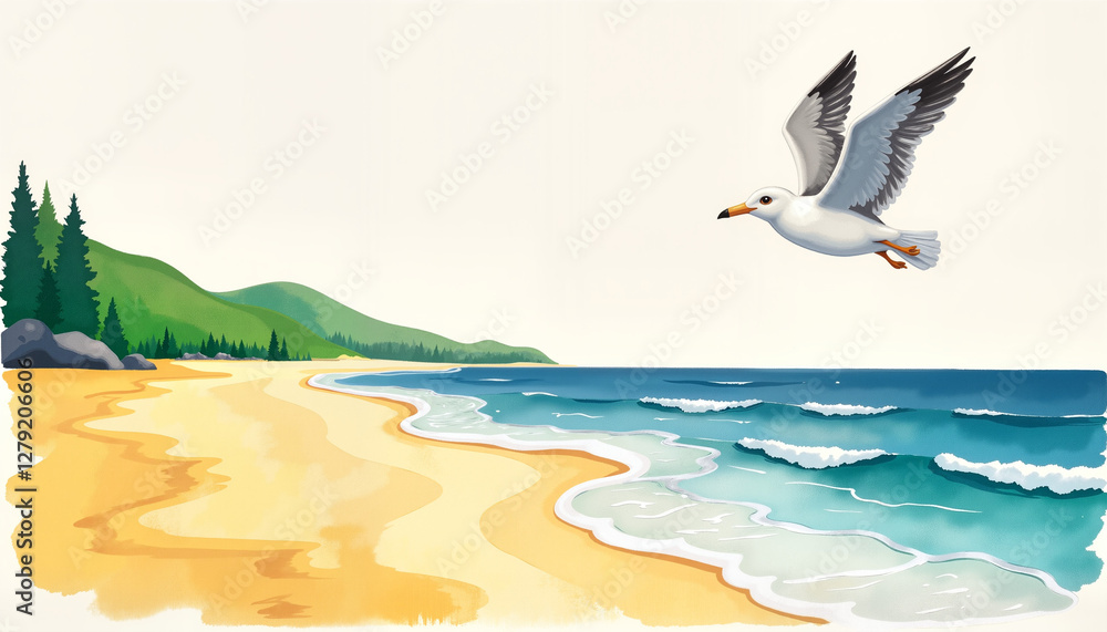 Naklejka premium Stylized seagull gliding over tranquil beach with soft waves, serenity