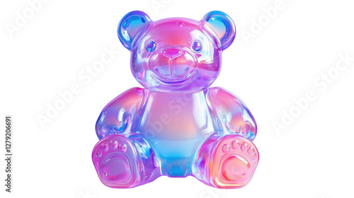 A plastic bear toy in iridescent pink and blue colors, with reflective accents on its arms and face, isolated on a clean white background.