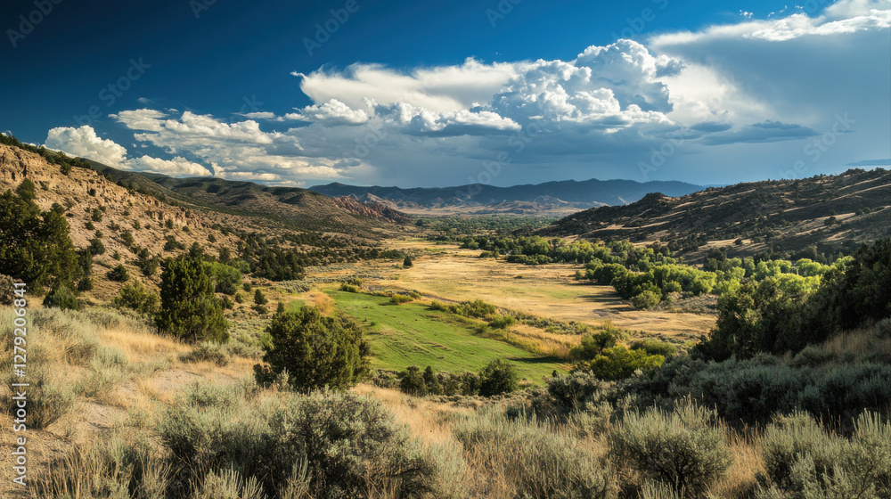 scenic valley landscape showcasing contrasting dry and lush areas, with mountains in background and dramatic clouds above scenic valley landscape showcasing contrasting dry and lush areas, with mountains in background and dramatic clouds above