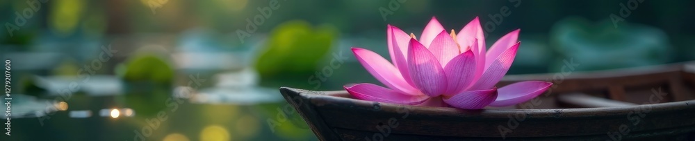 Softly lit violet-colored petals of a blooming lotus flower on a wooden boat, bloom, soft, flower Softly lit violet-colored petals of a blooming lotus flower on a wooden boat, bloom, soft, flower
