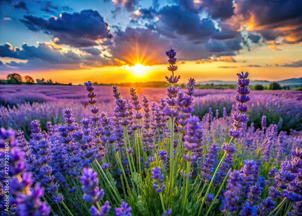 Naklejka premium Lavender Field Sunset - Summer Countryside
