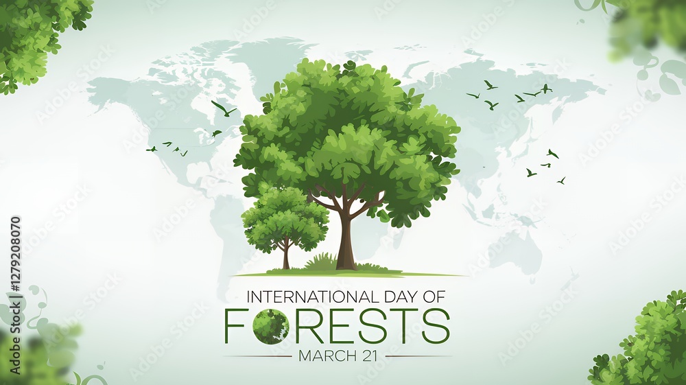 Obraz premium International Day of Forests – Minimalist Illustration with Trees and World Map Background