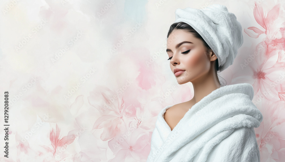 woman in a fluffy white robe with a towel wrapped around her hair. There is a large empty space at the top for branding or advertising text. The background is soft pastel with abstract floral elements woman in a fluffy white robe with a towel wrapped around her hair. There is a large empty space at the top for branding or advertising text. The background is soft pastel with abstract floral elements