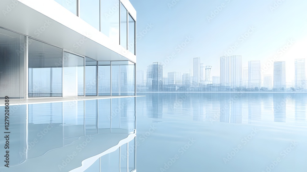 Fototapeta premium Modern Architecture Building with Glass Facade Reflecting Cityscape under Bright Daylight