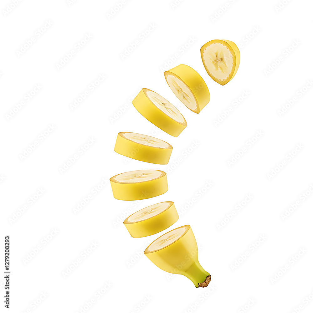 Floating Sliced Banana Pieces in the Midair Floating Sliced Banana Pieces in the Midair
